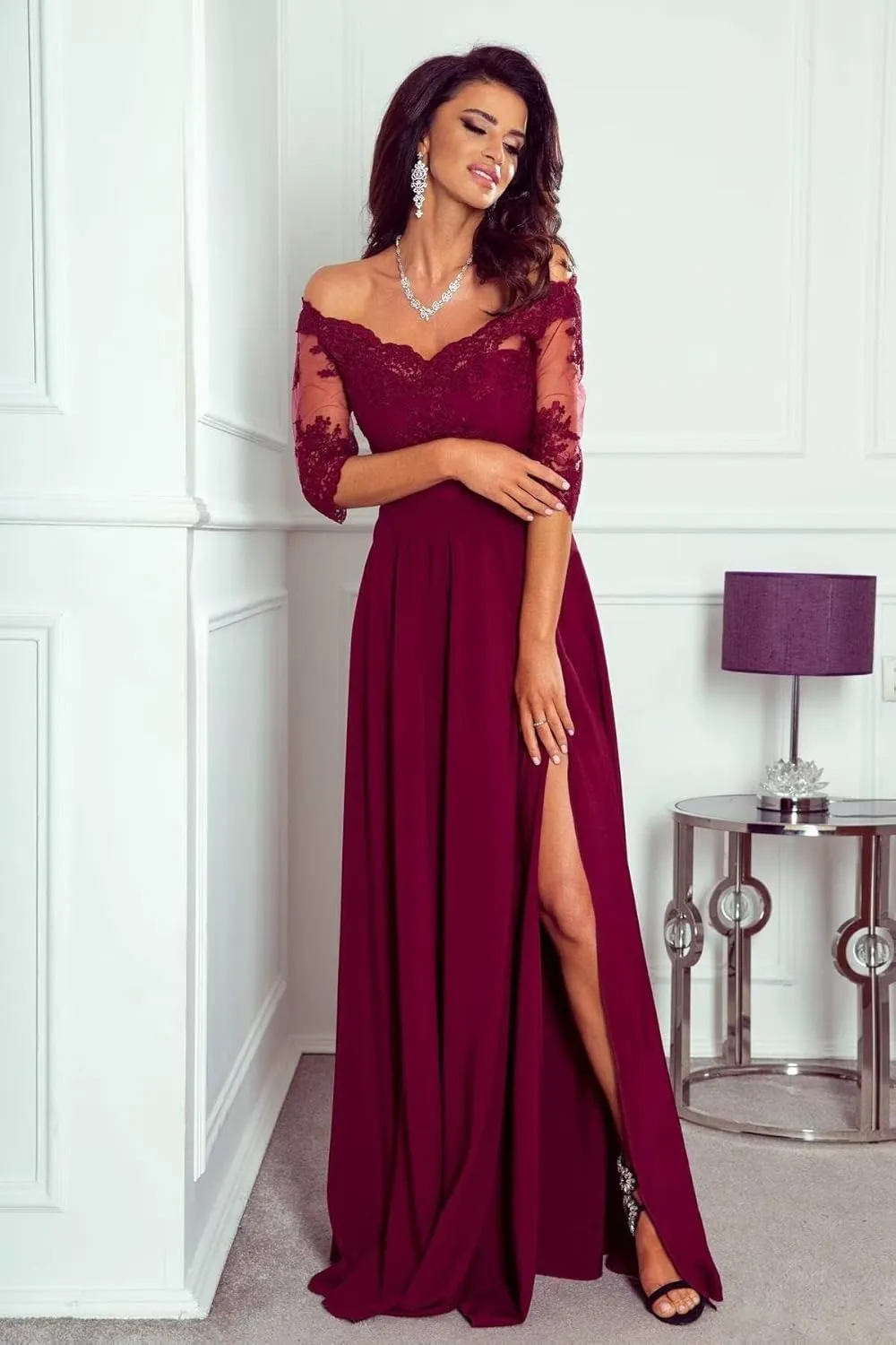 Short Sleeves Laces Appliques Mother of The Bride Dresses for Wedding Off Shoulder Formal Evening Dresses with Slit