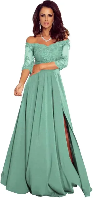 Short Sleeves Laces Appliques Mother of The Bride Dresses for Wedding Off Shoulder Formal Evening Dresses with Slit
