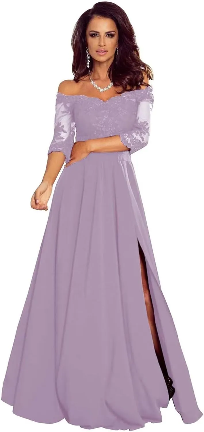 Short Sleeves Laces Appliques Mother of The Bride Dresses for Wedding Off Shoulder Formal Evening Dresses with Slit