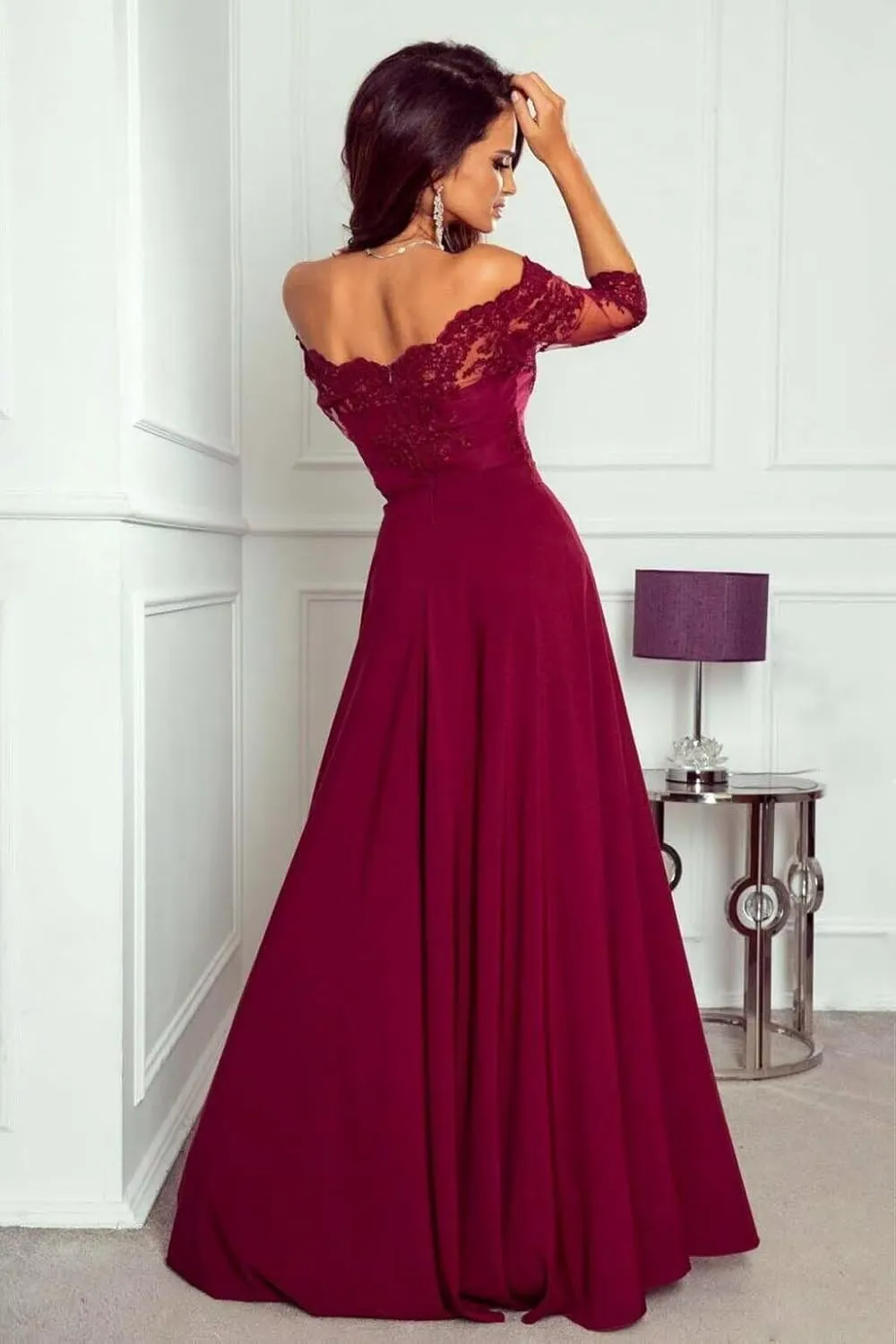 Short Sleeves Laces Appliques Mother of The Bride Dresses for Wedding Off Shoulder Formal Evening Dresses with Slit