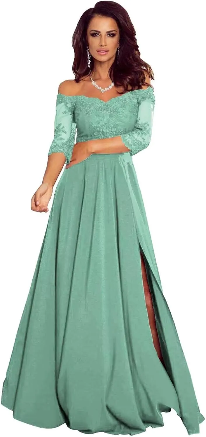Short Sleeves Laces Appliques Mother of The Bride Dresses for Wedding Off Shoulder Formal Evening Dresses with Slit