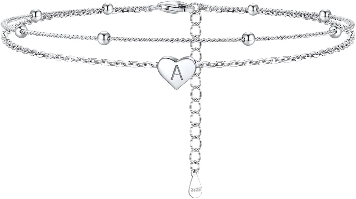 Silvora 925 Sterling Silver Anklets for Women Heart Anklet with Beaded Heart Initial Anklets for Womens