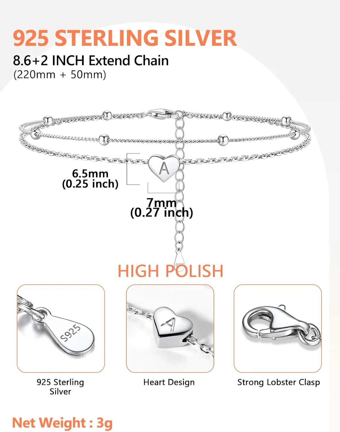 Silvora 925 Sterling Silver Anklets for Women Heart Anklet with Beaded Heart Initial Anklets for Womens