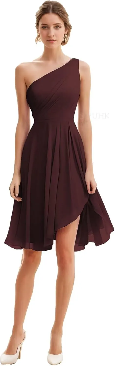 SIPUHK Short Bridesmaid Dresses for Wedding One Shoulder Formal Dress High Low Chiffon Ruffle Evening Gowns for Women