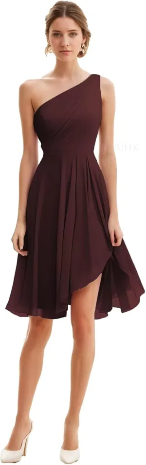 SIPUHK Short Bridesmaid Dresses for Wedding One Shoulder Formal Dress High Low Chiffon Ruffle Evening Gowns for Women