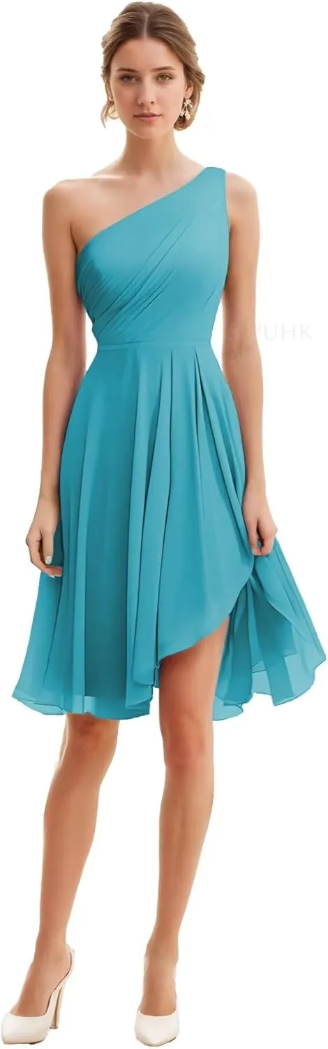 SIPUHK Short Bridesmaid Dresses for Wedding One Shoulder Formal Dress High Low Chiffon Ruffle Evening Gowns for Women