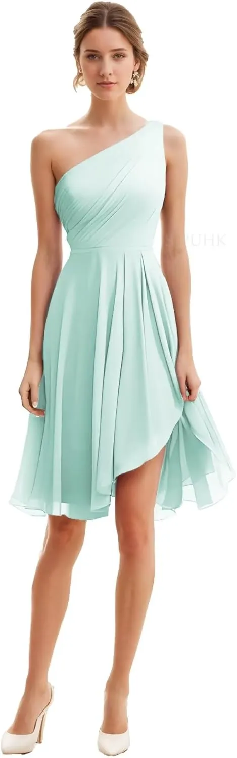 SIPUHK Short Bridesmaid Dresses for Wedding One Shoulder Formal Dress High Low Chiffon Ruffle Evening Gowns for Women