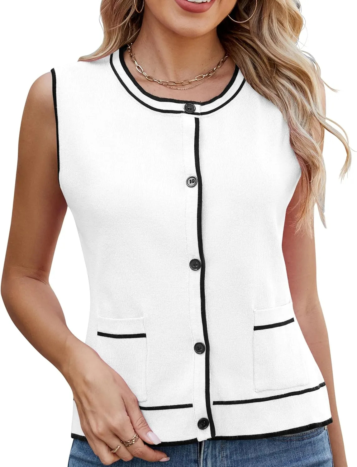 Sleeveless Button Down Vest Short Cardigans for Ladies Sweater with Pockets