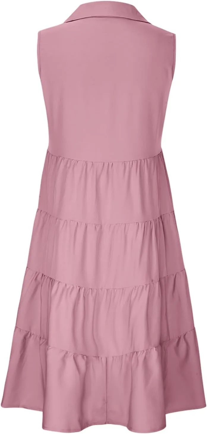 Sleeveless Short Tshirt Dress Women Fashion Button Down Mini Dresses Flowy Loose Fit V Neck Pleated A-Line Dresses