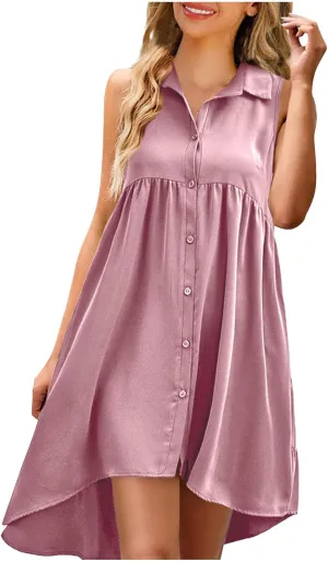 Sleeveless Short Tshirt Dress Women Fashion Button Down Mini Dresses Flowy Loose Fit V Neck Pleated A-Line Dresses
