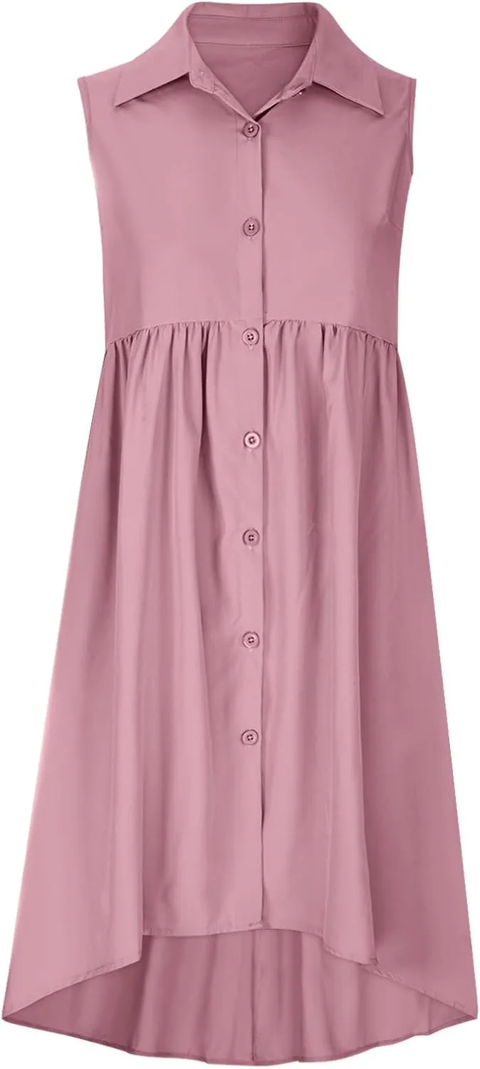 Sleeveless Short Tshirt Dress Women Fashion Button Down Mini Dresses Flowy Loose Fit V Neck Pleated A-Line Dresses