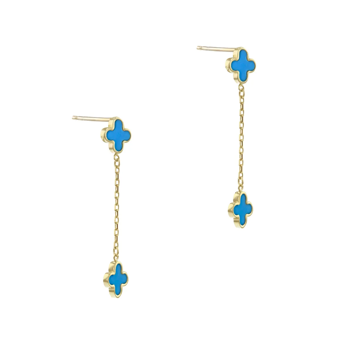 Soleil Collection Synthetic Turquoise Quatrefoil Petal Drop Earrings | 9K Solid Yellow Gold