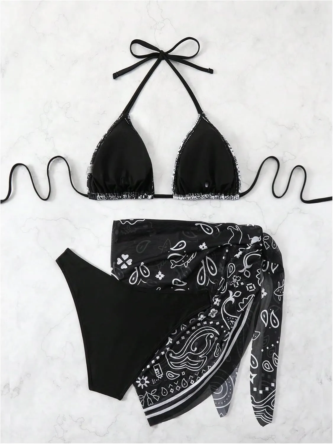 SOLY HUX Bathing Suit for Women 3 Piece Paisley Print Halter Triangle Bikini Sets Swimsuit with Beach Skirt