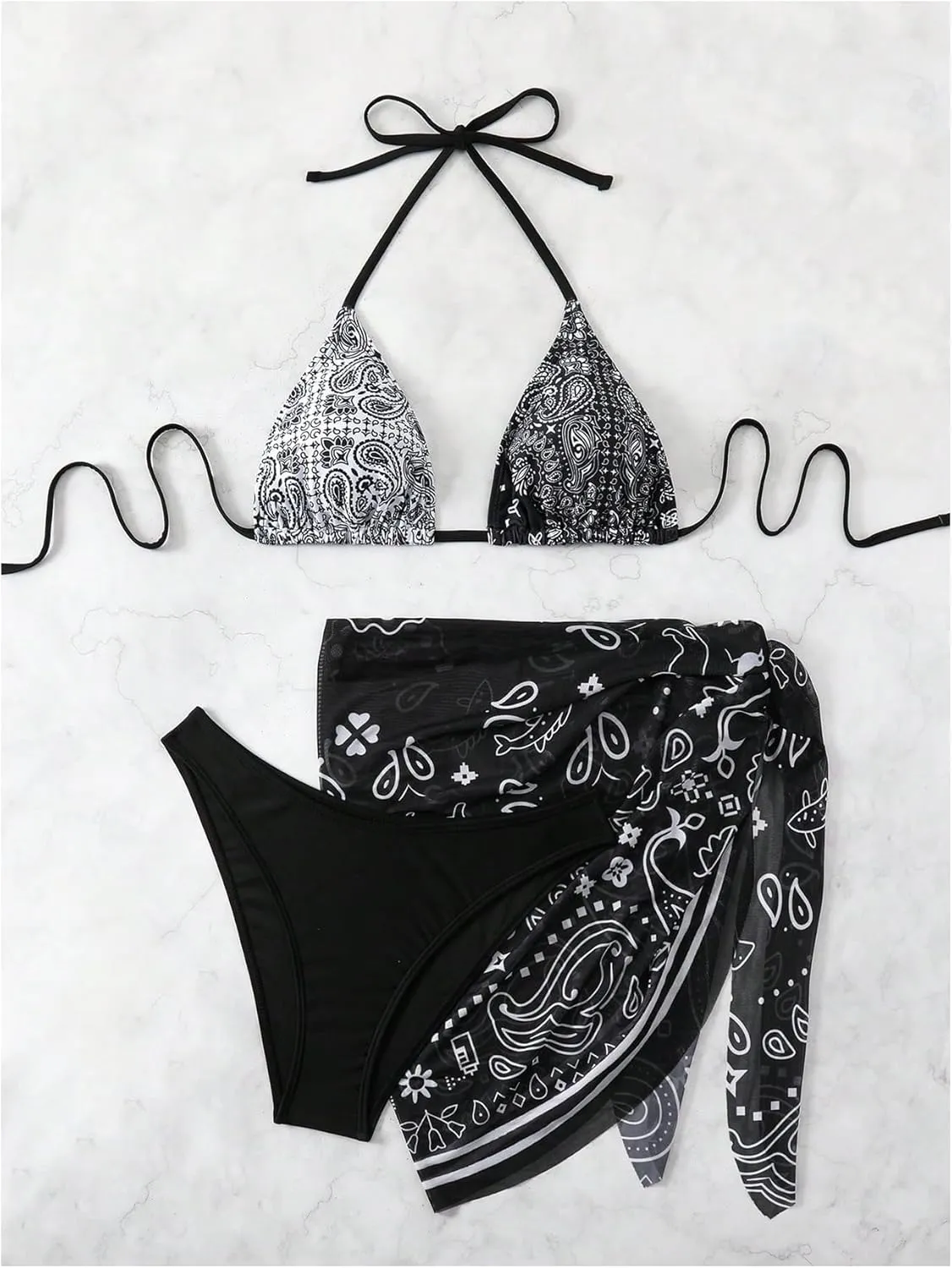 SOLY HUX Bathing Suit for Women 3 Piece Paisley Print Halter Triangle Bikini Sets Swimsuit with Beach Skirt