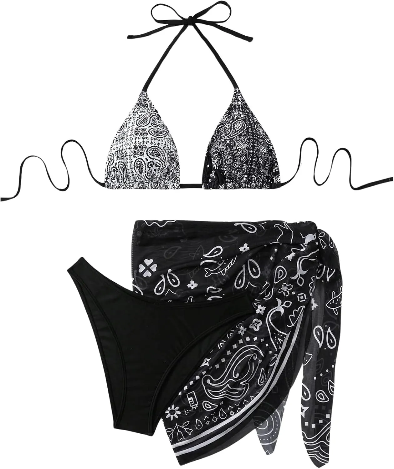 SOLY HUX Bathing Suit for Women 3 Piece Paisley Print Halter Triangle Bikini Sets Swimsuit with Beach Skirt