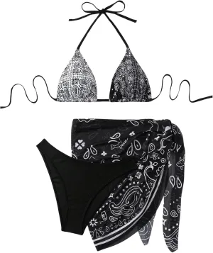 SOLY HUX Bathing Suit for Women 3 Piece Paisley Print Halter Triangle Bikini Sets Swimsuit with Beach Skirt