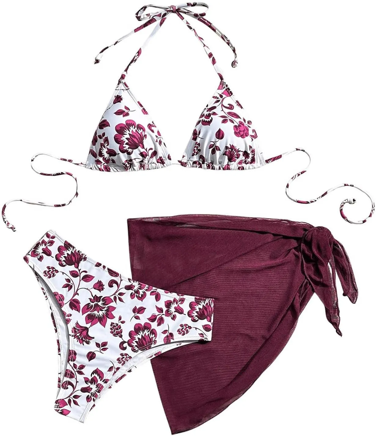 SOLY HUX Bikini Sets for Women 3 Piece Floral Print Halter Triangle Bathing Suit Swimsuit with Sarong Cover Up