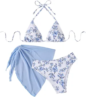 SOLY HUX Bikini Sets for Women 3 Piece Floral Print Halter Triangle Bathing Suit Swimsuit with Sarong Cover Up