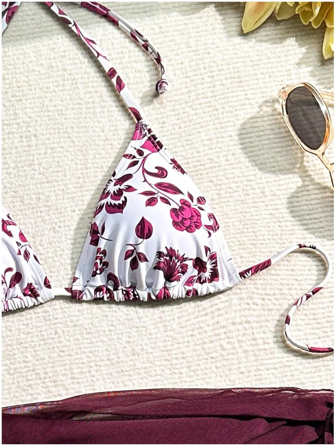 SOLY HUX Bikini Sets for Women 3 Piece Floral Print Halter Triangle Bathing Suit Swimsuit with Sarong Cover Up