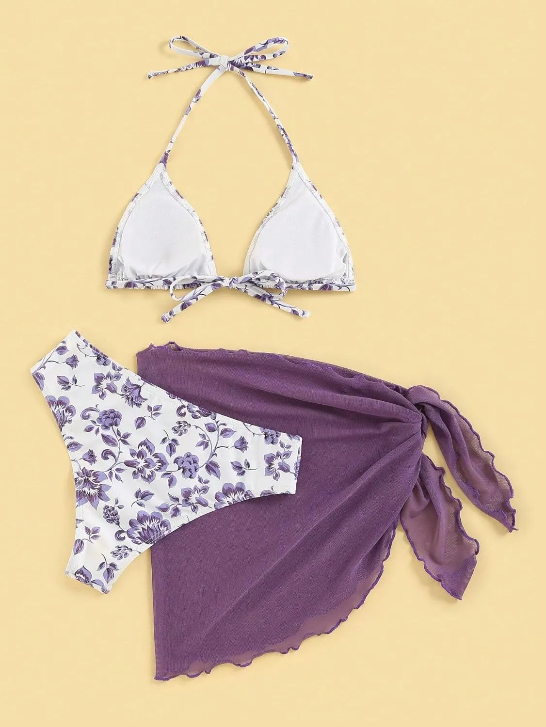 SOLY HUX Bikini Sets for Women 3 Piece Floral Print Halter Triangle Bathing Suit Swimsuit with Sarong Cover Up