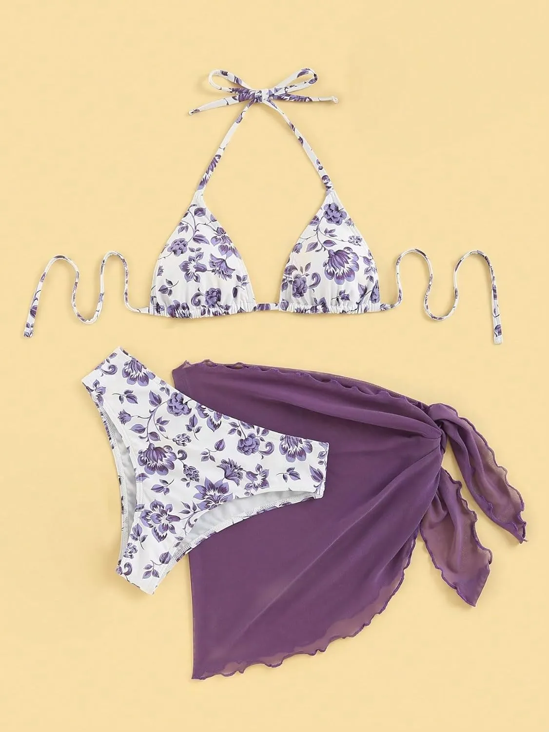 SOLY HUX Bikini Sets for Women 3 Piece Floral Print Halter Triangle Bathing Suit Swimsuit with Sarong Cover Up