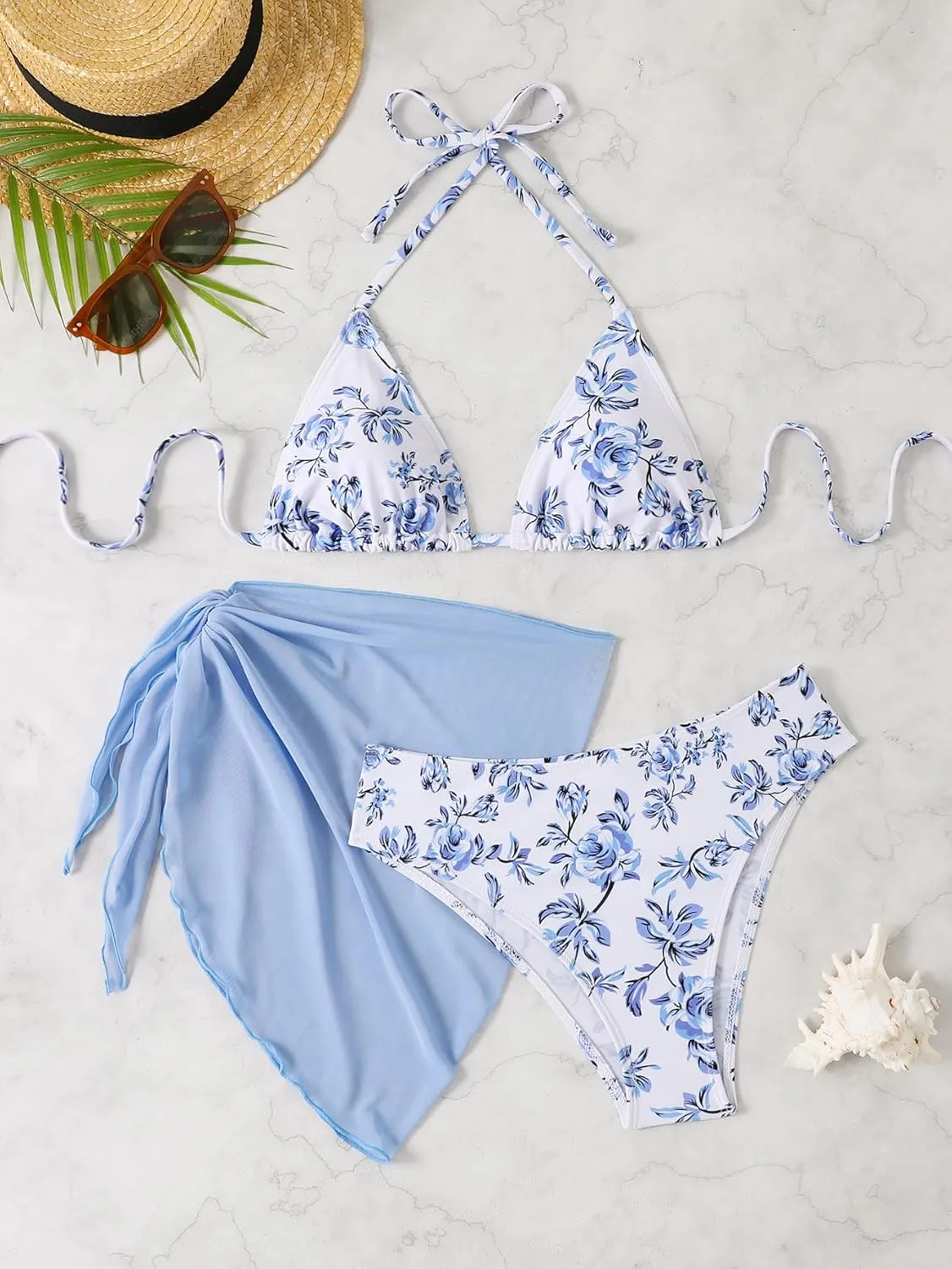 SOLY HUX Bikini Sets for Women 3 Piece Floral Print Halter Triangle Bathing Suit Swimsuit with Sarong Cover Up
