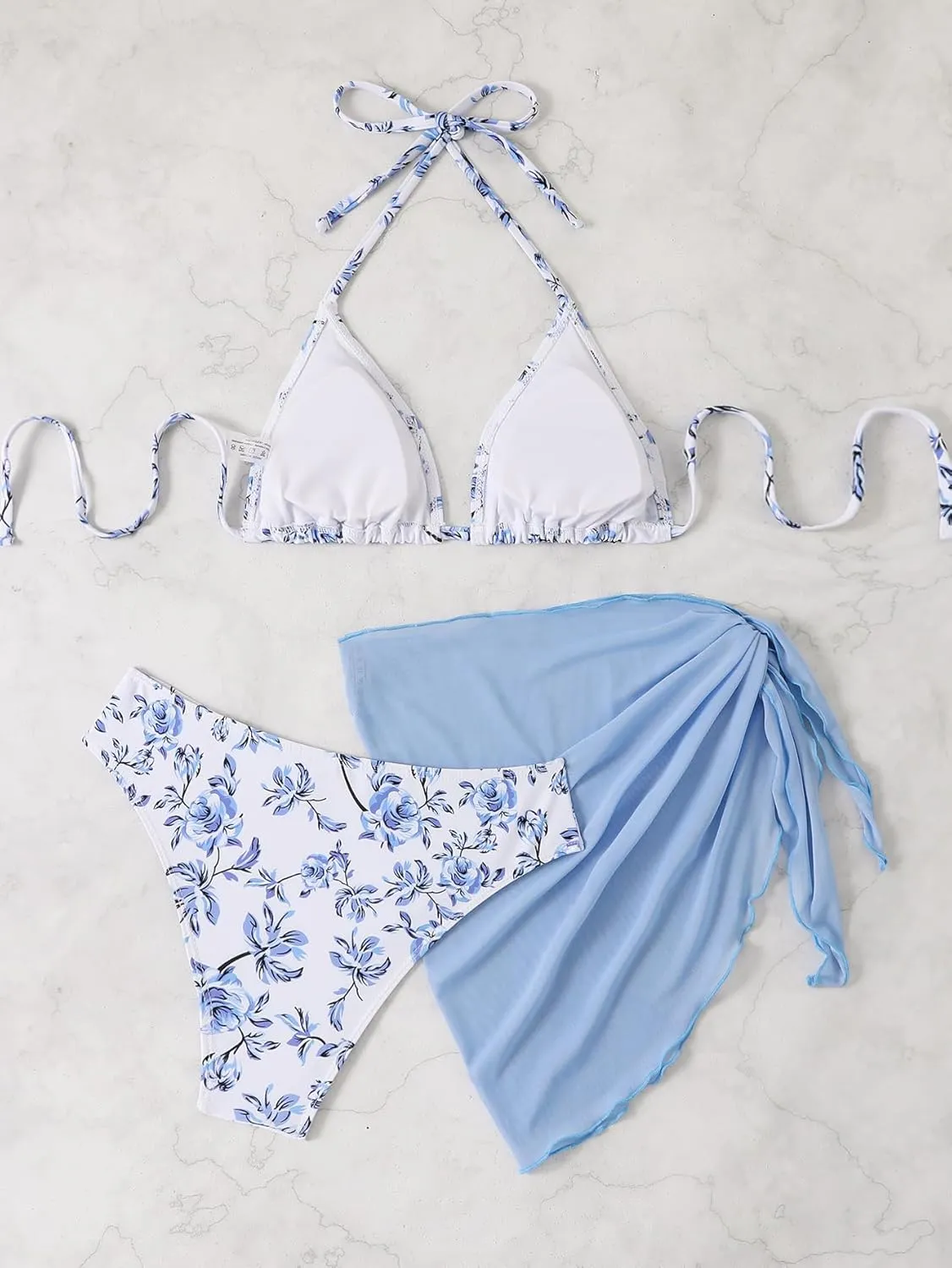 SOLY HUX Bikini Sets for Women 3 Piece Floral Print Halter Triangle Bathing Suit Swimsuit with Sarong Cover Up