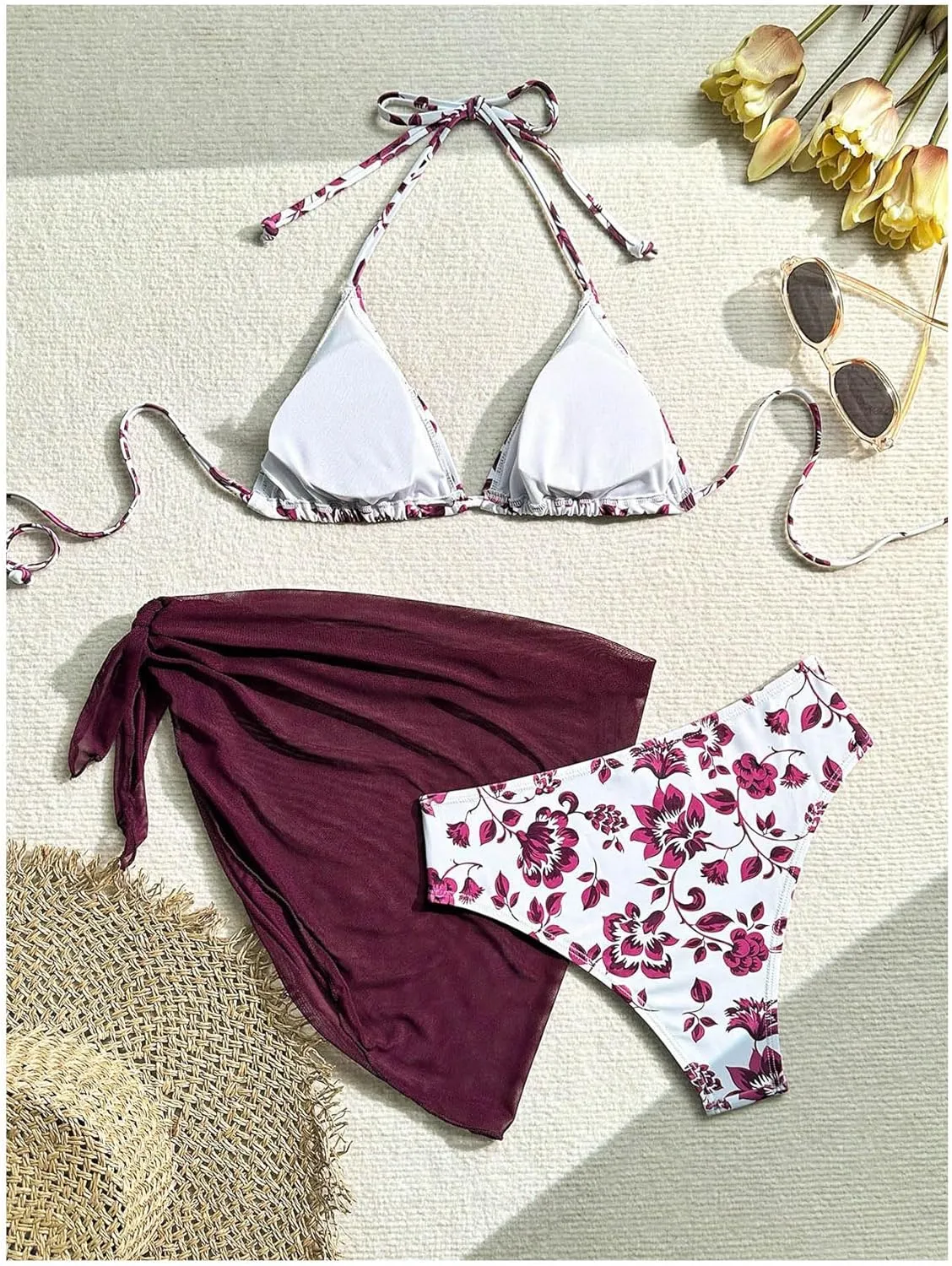 SOLY HUX Bikini Sets for Women 3 Piece Floral Print Halter Triangle Bathing Suit Swimsuit with Sarong Cover Up