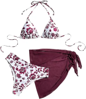 SOLY HUX Bikini Sets for Women 3 Piece Floral Print Halter Triangle Bathing Suit Swimsuit with Sarong Cover Up