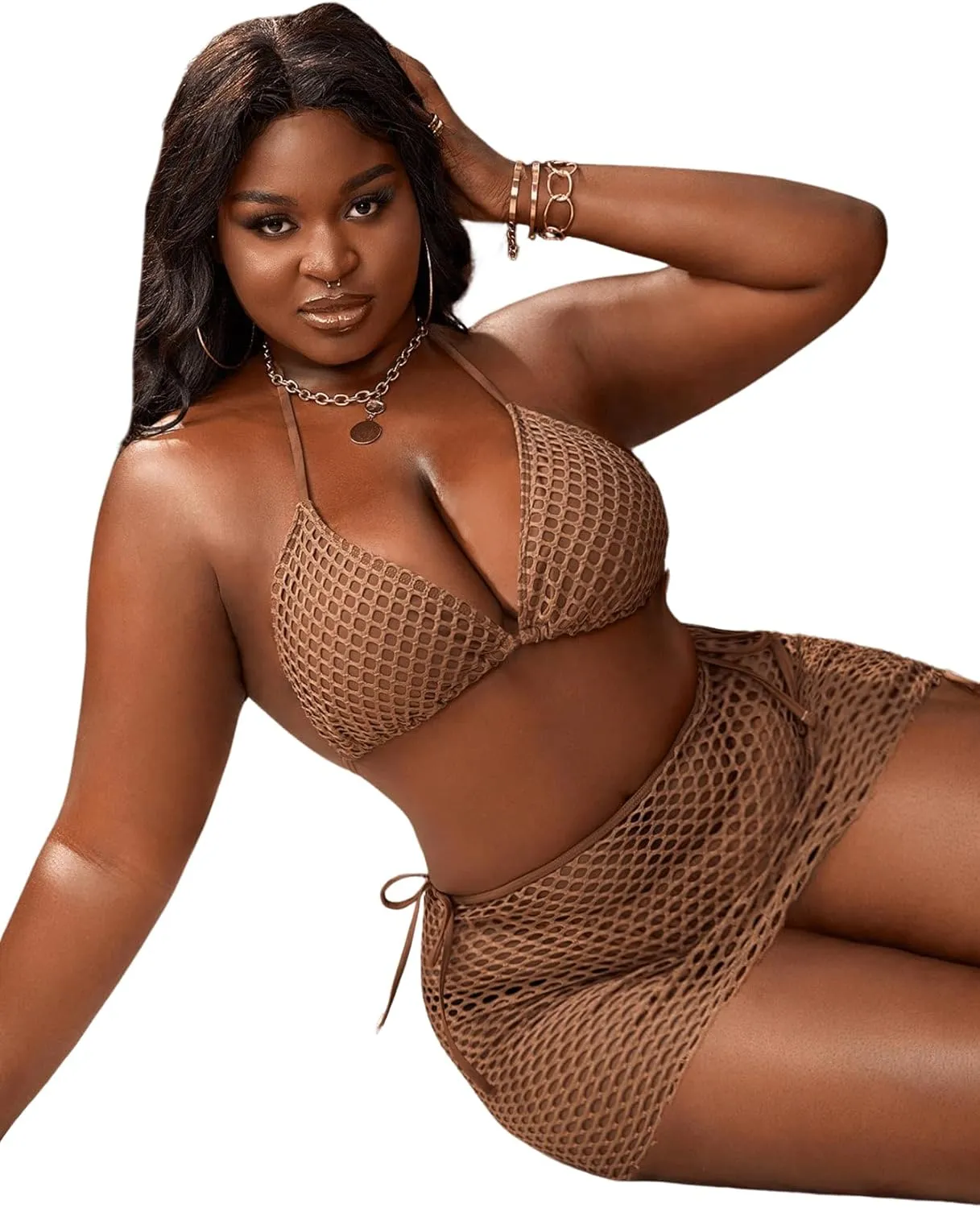 SOLY HUX Women's 3 Piece Swimsuits Plus Size Halter Triangle Tie Side Bikini Sets Bathing Suit with Beach Skirt