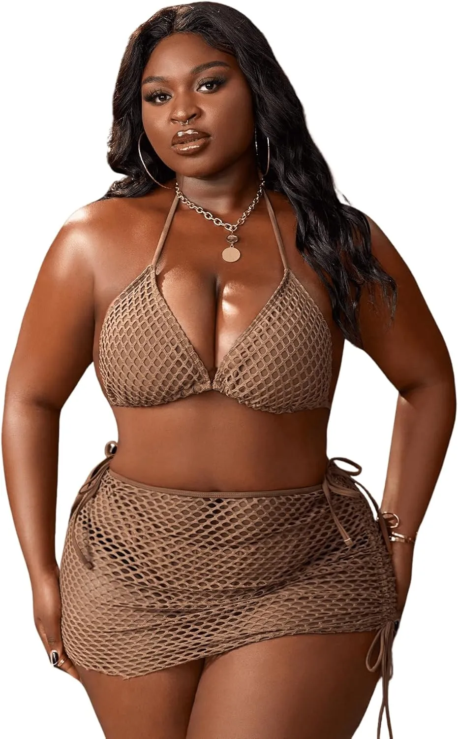 SOLY HUX Women's 3 Piece Swimsuits Plus Size Halter Triangle Tie Side Bikini Sets Bathing Suit with Beach Skirt