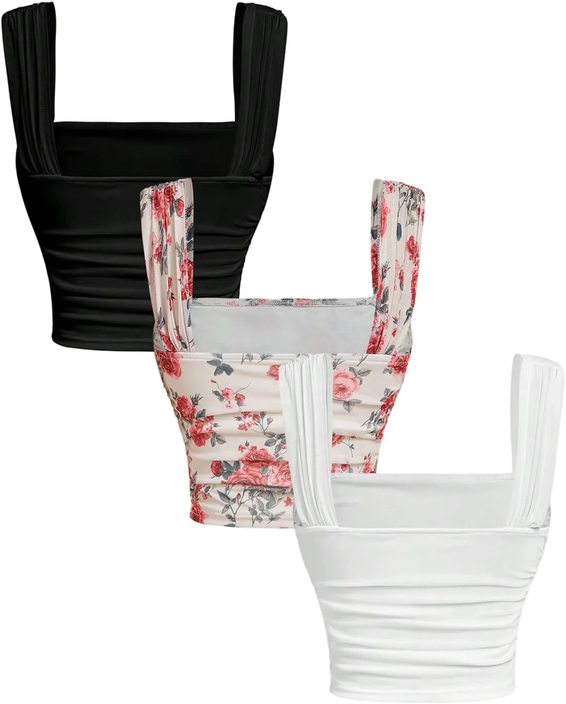 SOLY HUX Women's 3 Piece Tank Tops Floral Print Square Neck Sleeveless Going Out Tops Double Lined Summer Crop Tank Tops