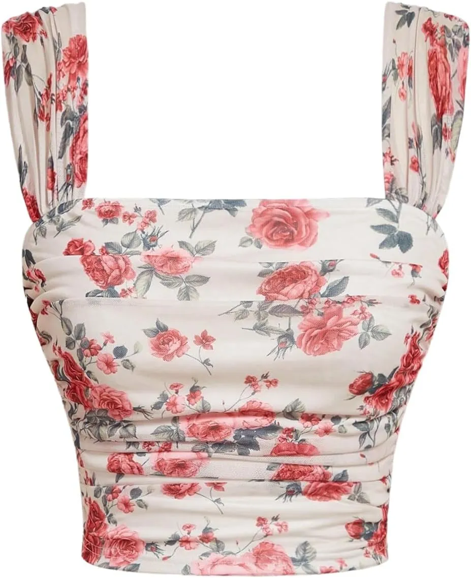 SOLY HUX Women's 3 Piece Tank Tops Floral Print Square Neck Sleeveless Going Out Tops Double Lined Summer Crop Tank Tops