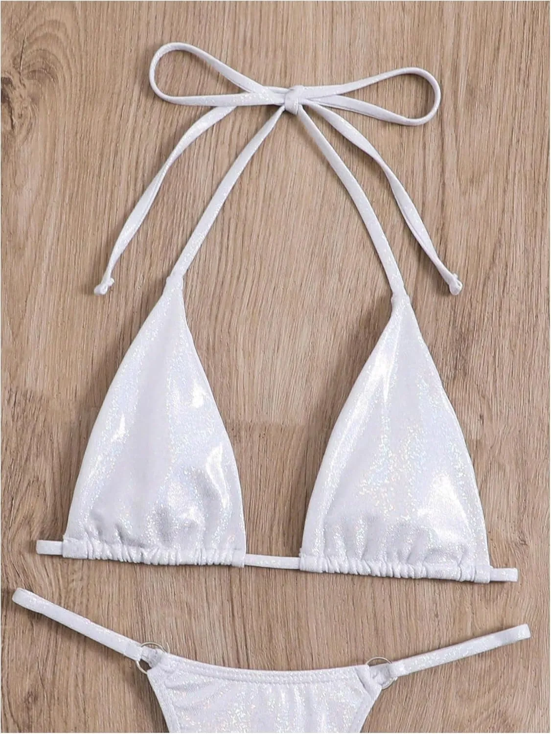 SOLY HUX Women's Metallic Bathing Suit Halter Micro Triangle Top Swimsuit String Thong Two Piece Bikini Sets