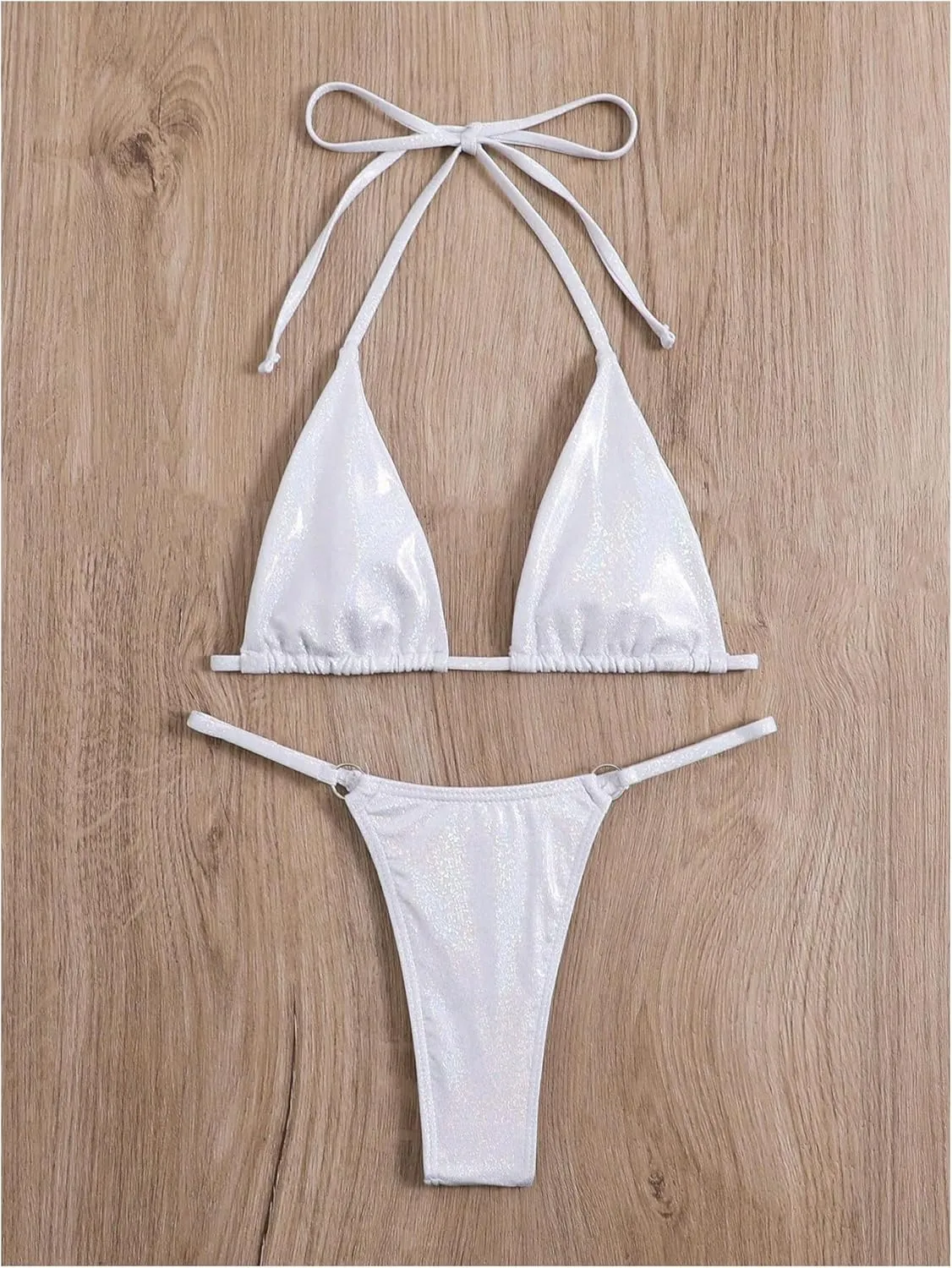 SOLY HUX Women's Metallic Bathing Suit Halter Micro Triangle Top Swimsuit String Thong Two Piece Bikini Sets