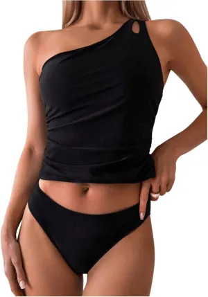 SOLY HUX Women's One Shoulder Bikini Tankini Bathing Suit Two Piece Swimsuit