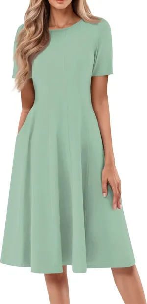 Spring Dresses for Women 2025 Cinched Waist Short Sleeve with Side Pocket Women Dress Plus Size Midi Crewneck Dress