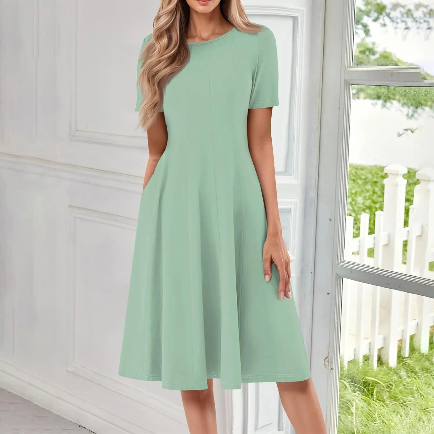 Spring Dresses for Women 2025 Cinched Waist Short Sleeve with Side Pocket Women Dress Plus Size Midi Crewneck Dress