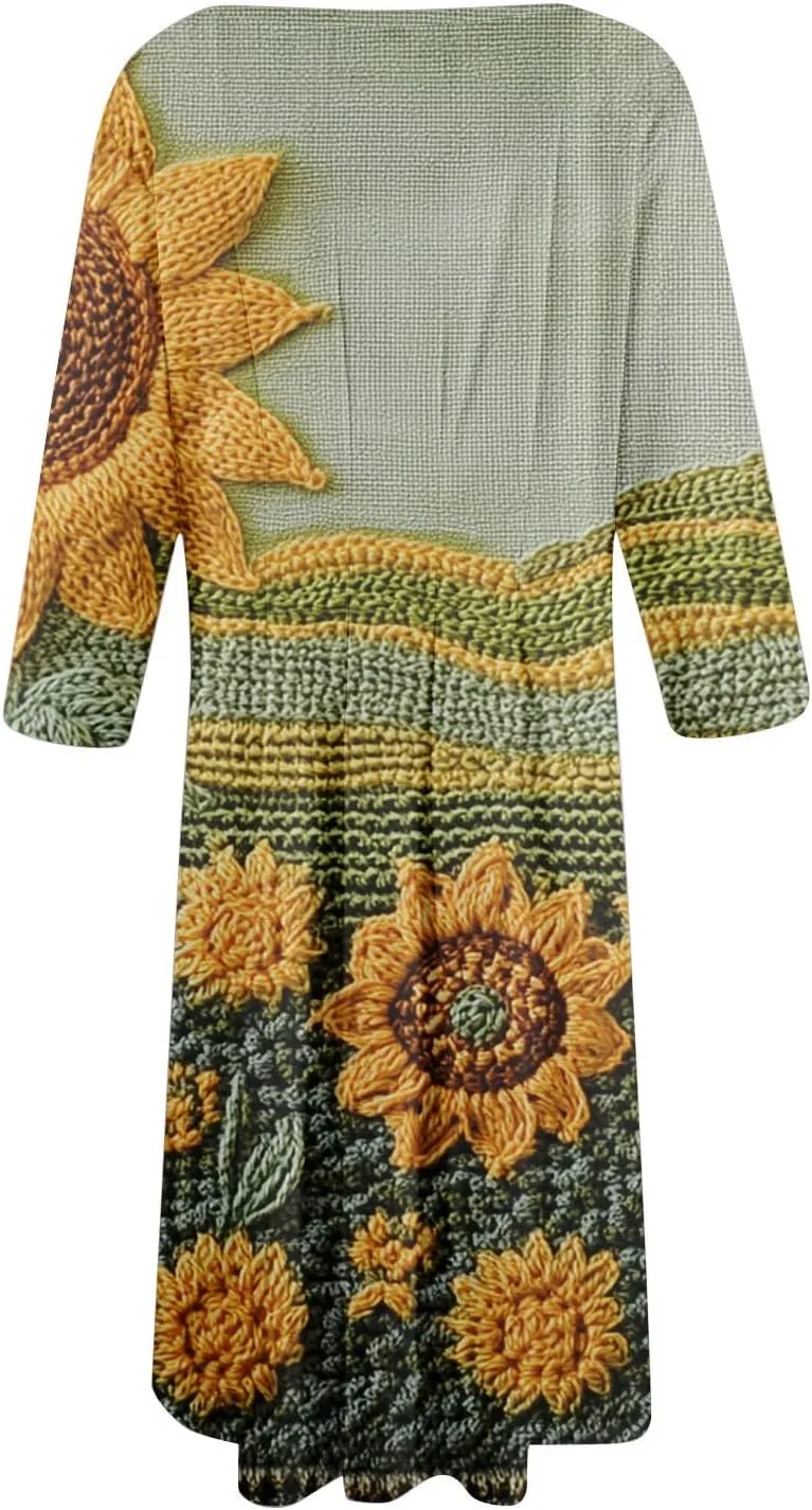 Spring Midi Dresses for Women Casual 3/4 Sleeve Dress Plus Size Cocktail Floral Dresses with Pockets