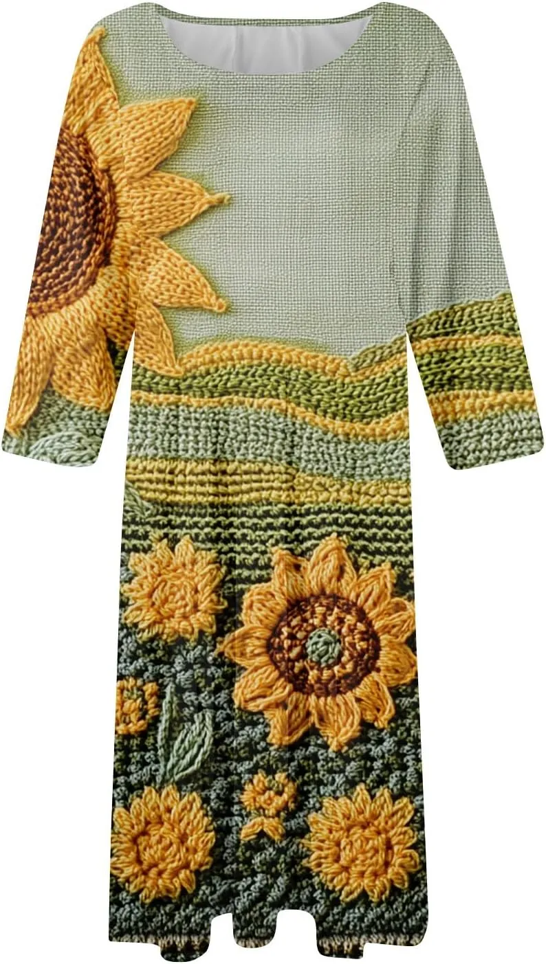Spring Midi Dresses for Women Casual 3/4 Sleeve Dress Plus Size Cocktail Floral Dresses with Pockets
