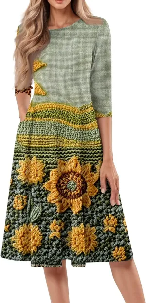 Spring Midi Dresses for Women Casual 3/4 Sleeve Dress Plus Size Cocktail Floral Dresses with Pockets