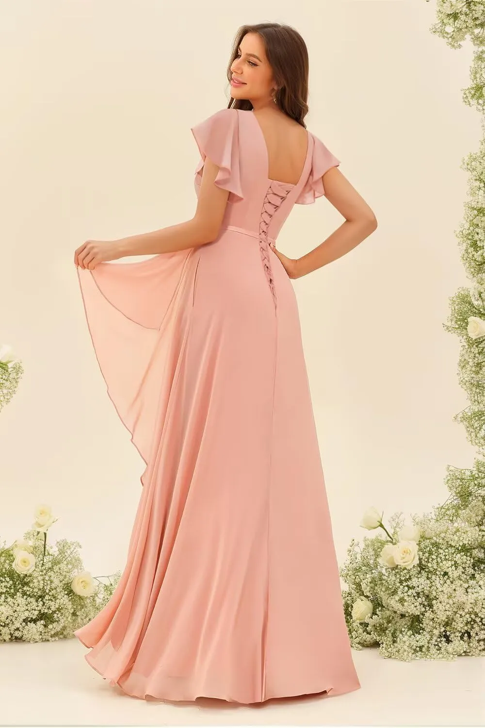 Square Neck Bridesmaid Dresses with Slit 2025 Chiffon Short Sleeves A Line Long Formal Gowns XOD0476