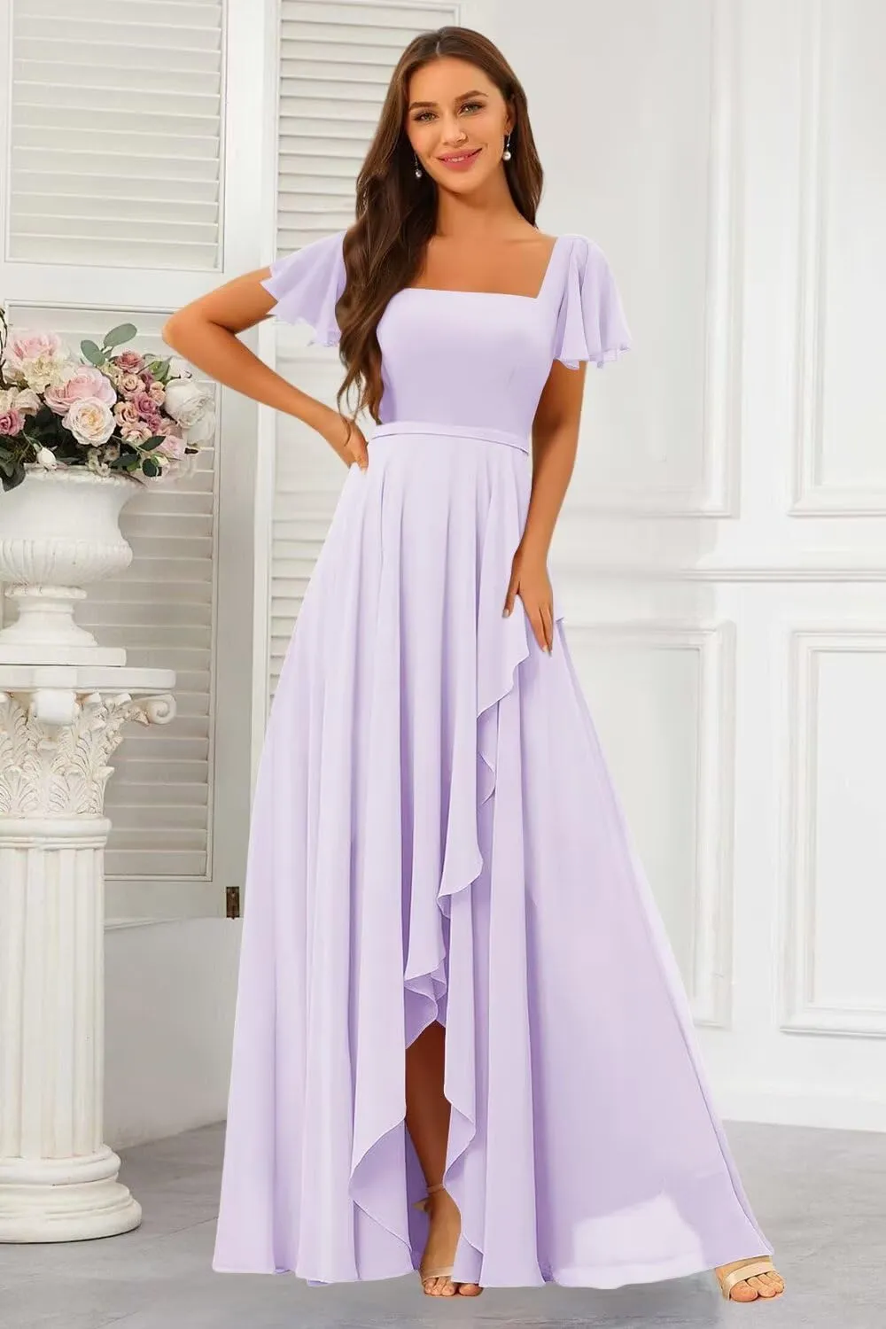 Square Neck Bridesmaid Dresses with Slit 2025 Chiffon Short Sleeves A Line Long Formal Gowns XOD0476