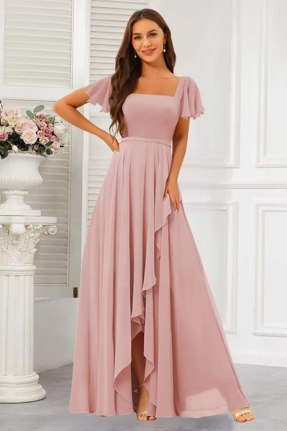 Square Neck Bridesmaid Dresses with Slit 2025 Chiffon Short Sleeves A Line Long Formal Gowns XOD0476