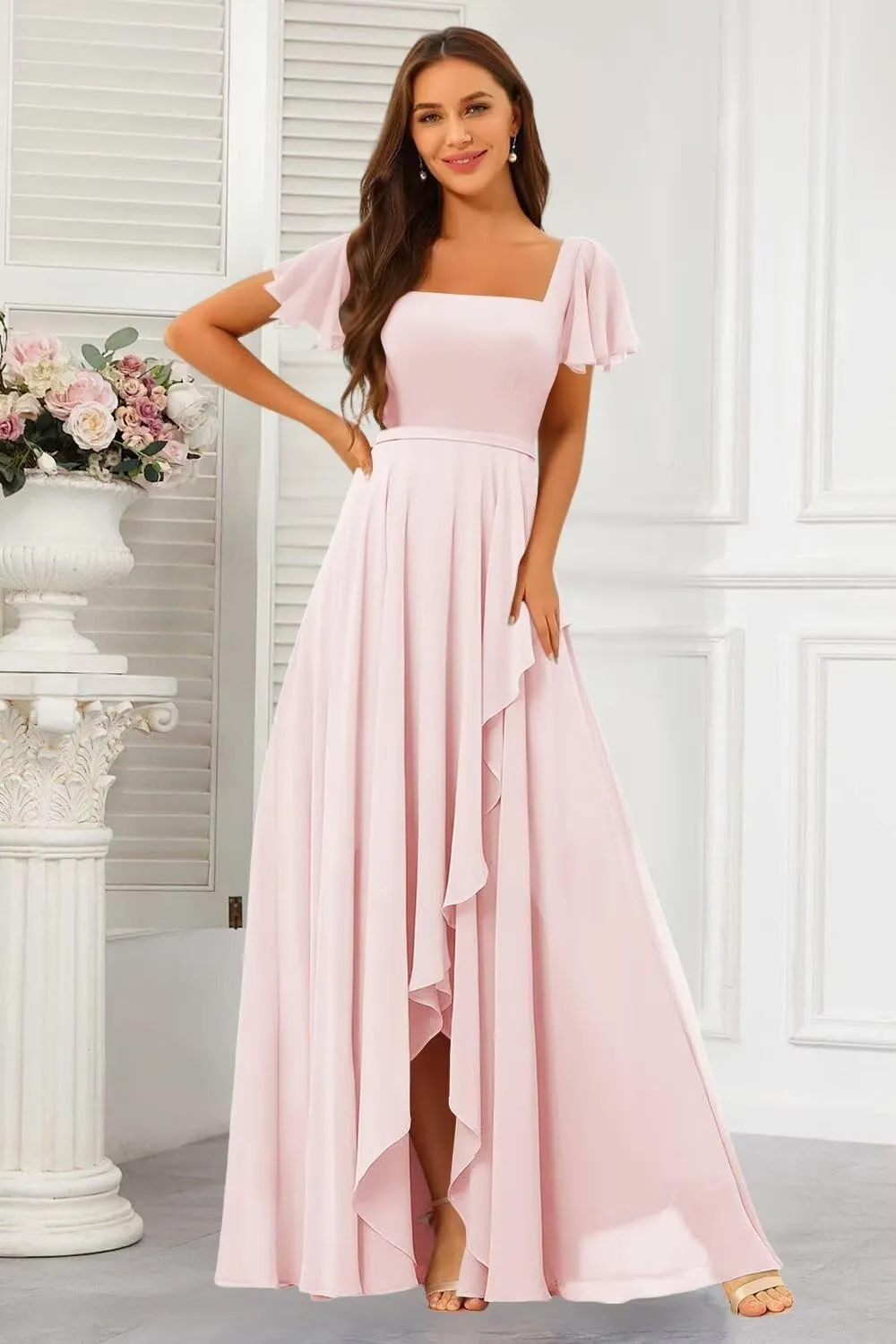 Square Neck Bridesmaid Dresses with Slit 2025 Chiffon Short Sleeves A Line Long Formal Gowns XOD0476