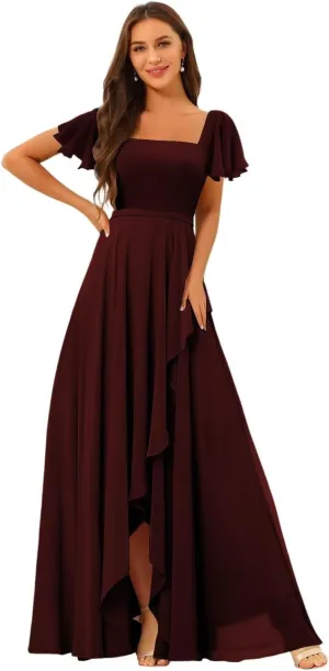 Square Neck Bridesmaid Dresses with Slit 2025 Chiffon Short Sleeves A Line Long Formal Gowns XOD0476