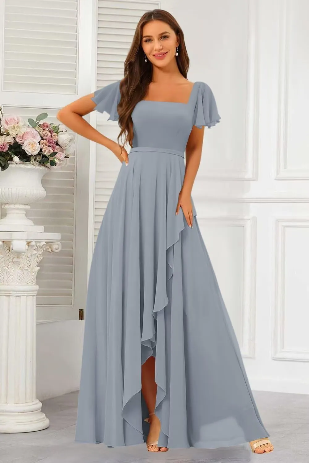 Square Neck Bridesmaid Dresses with Slit 2025 Chiffon Short Sleeves A Line Long Formal Gowns XOD0476