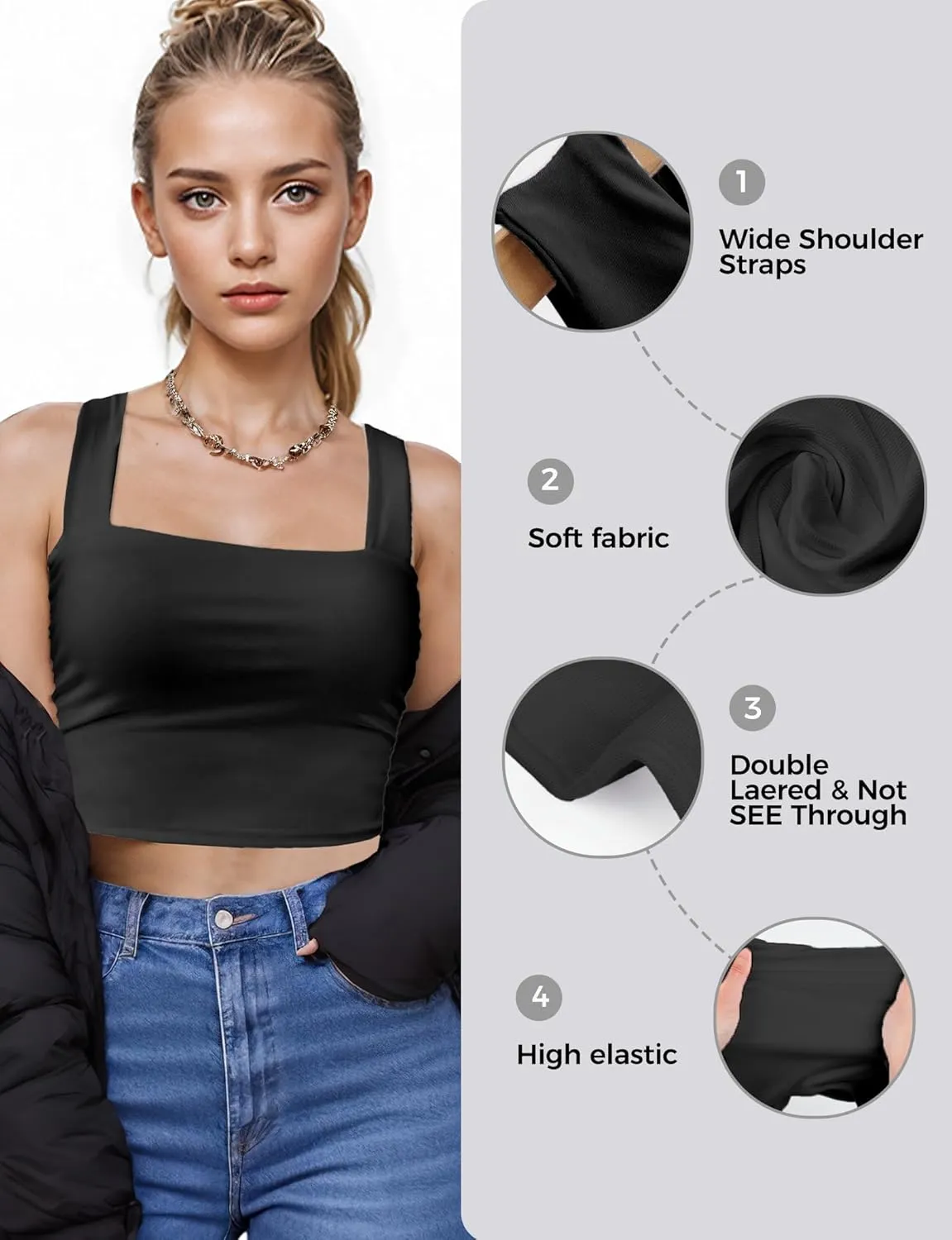 Square Neck Tops for Women, Sleeveless Crop Tops Women, Sexy Cropped Double Layered Tank Tops, Women Workout Basic Top