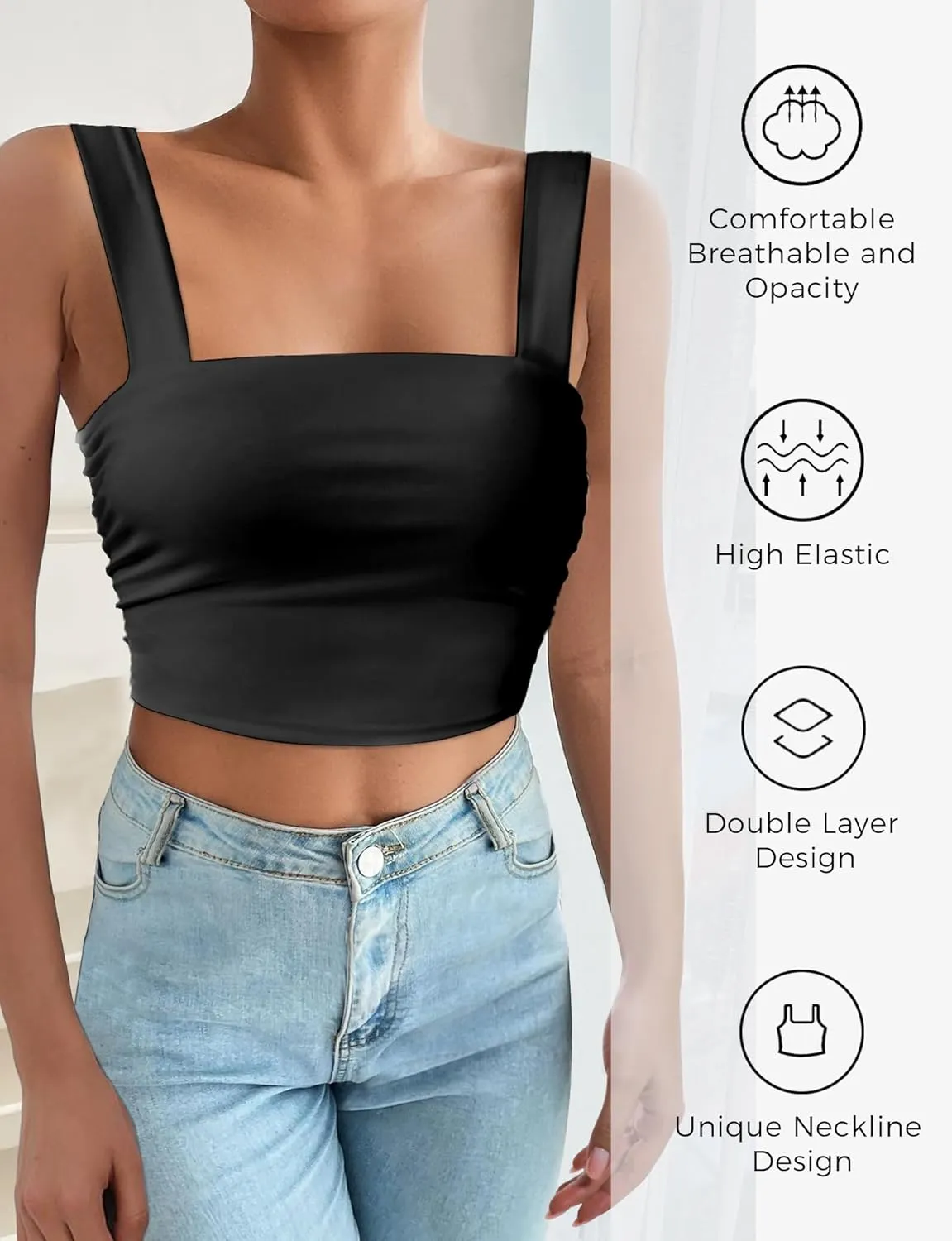 Square Neck Tops for Women, Sleeveless Crop Tops Women, Sexy Cropped Double Layered Tank Tops, Women Workout Basic Top