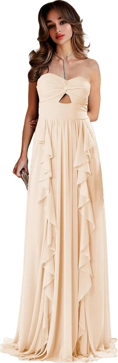 Strapless Bridesmaid Dresses for Wedding Chiffon Formal Dress Ruffles Long Evening Gown